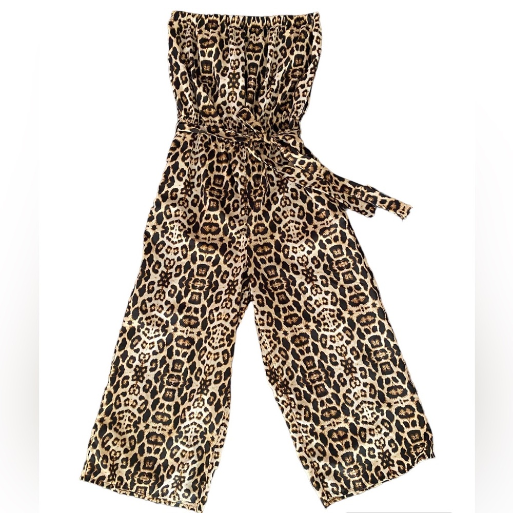 Hint of Blush straight leg leopard jumpsuit with tie waist